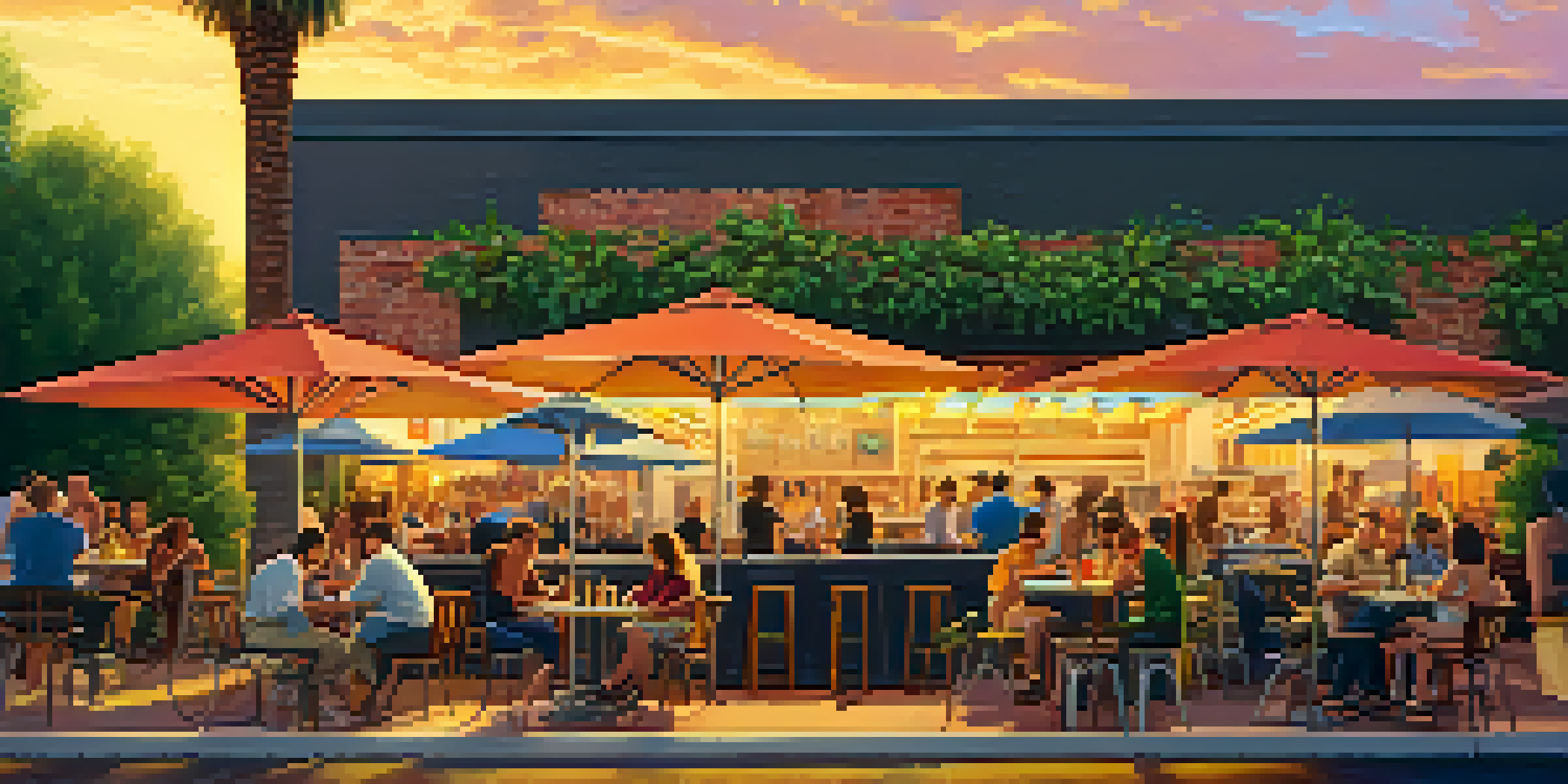 An outdoor patio at a Phoenix brewery filled with people enjoying drinks and food under colorful umbrellas, with greenery and a sunset in the background.