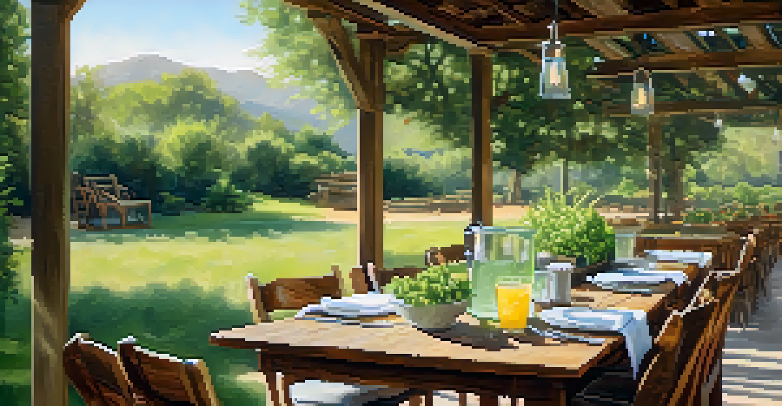 An outdoor dining area featuring a rustic table with fresh food and greenery.