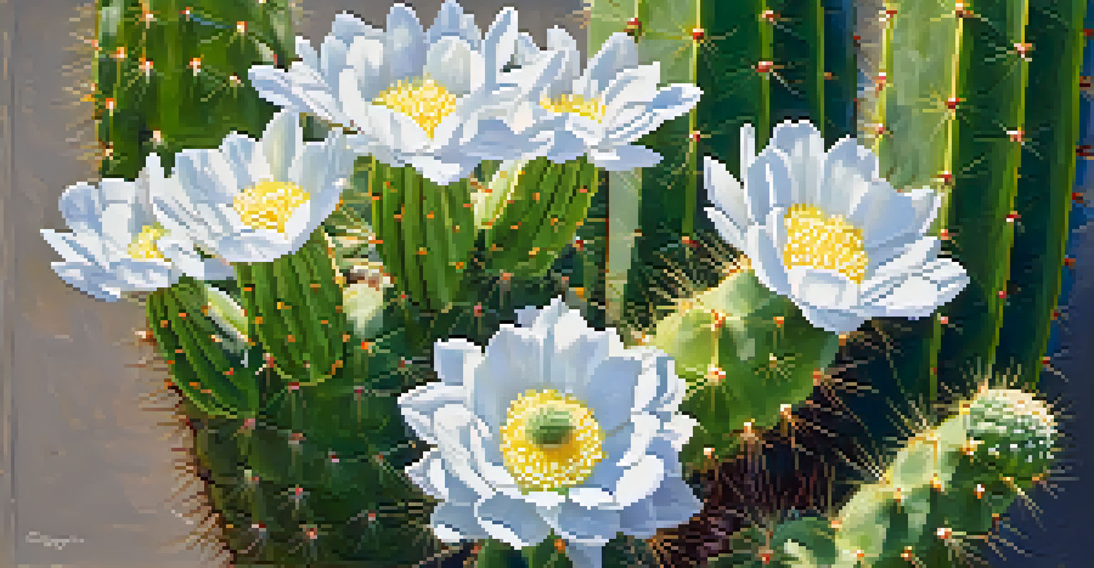 Close-up of a blooming saguaro cactus with white flowers and bees, captured in soft morning light, showcasing textures and colors.