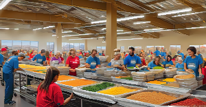Volunteers enthusiastically packing meals for children in a bright and cheerful environment.