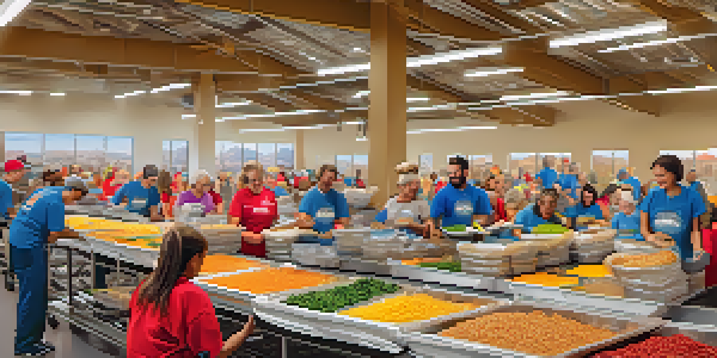 Volunteers enthusiastically packing meals for children in a bright and cheerful environment.