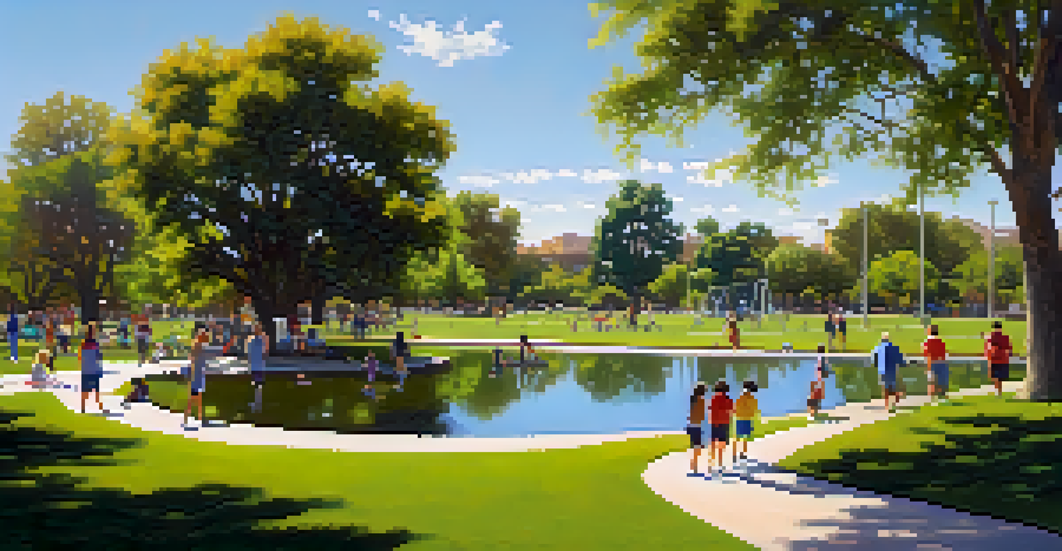 Encanto Park with a soccer game in progress, surrounded by greenery and a lake.