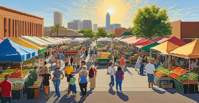 A busy farmers market in Downtown Phoenix with vendors selling fresh produce and handmade crafts, local musicians playing, and people enjoying the atmosphere.
