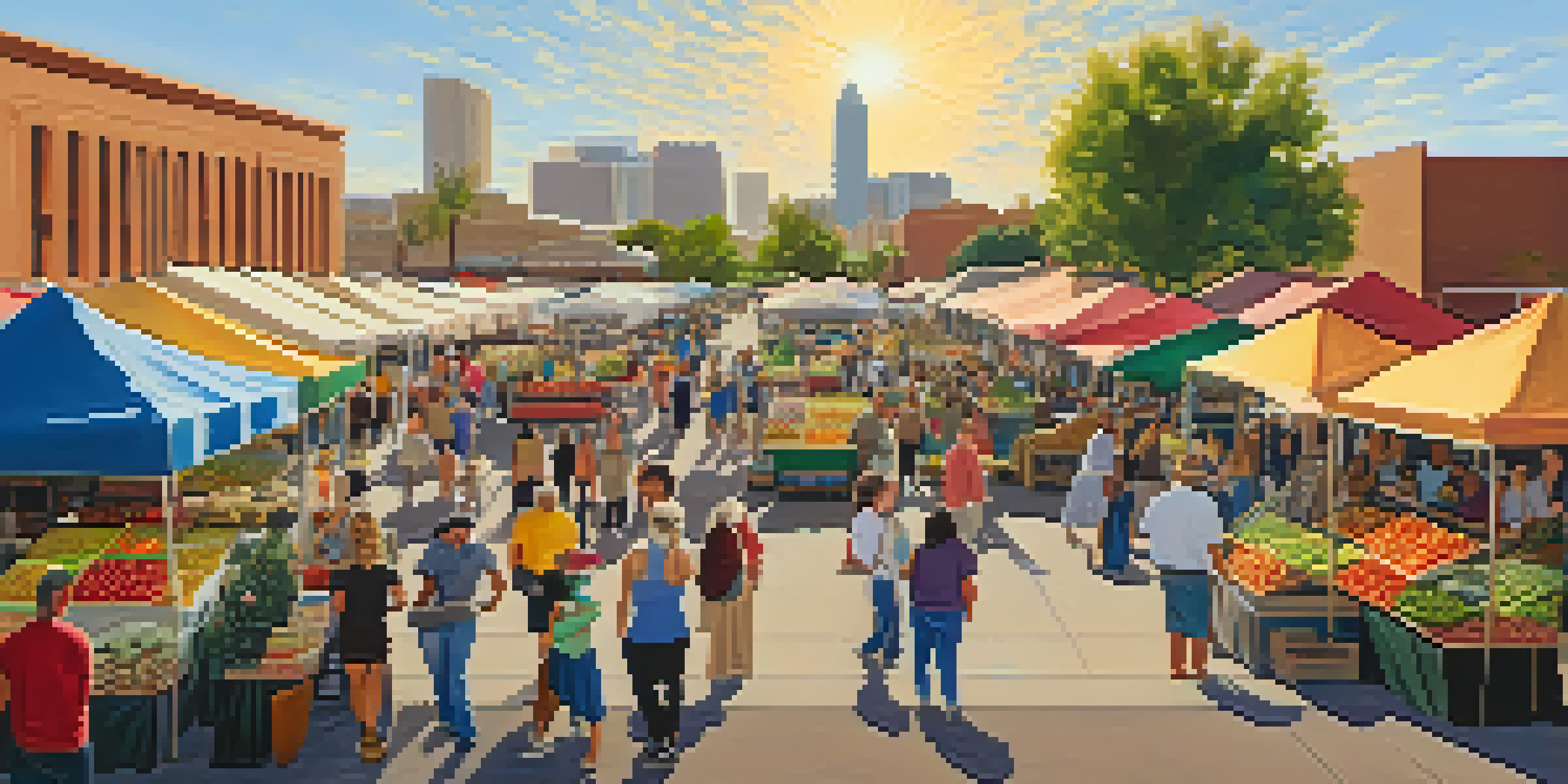 A busy farmers market in Downtown Phoenix with vendors selling fresh produce and handmade crafts, local musicians playing, and people enjoying the atmosphere.