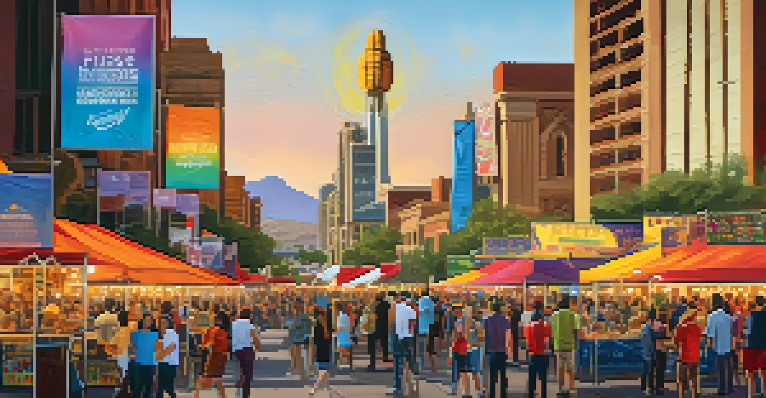 A vibrant street scene in Phoenix during a local music event, with banners, food vendors, and the skyline at sunset.