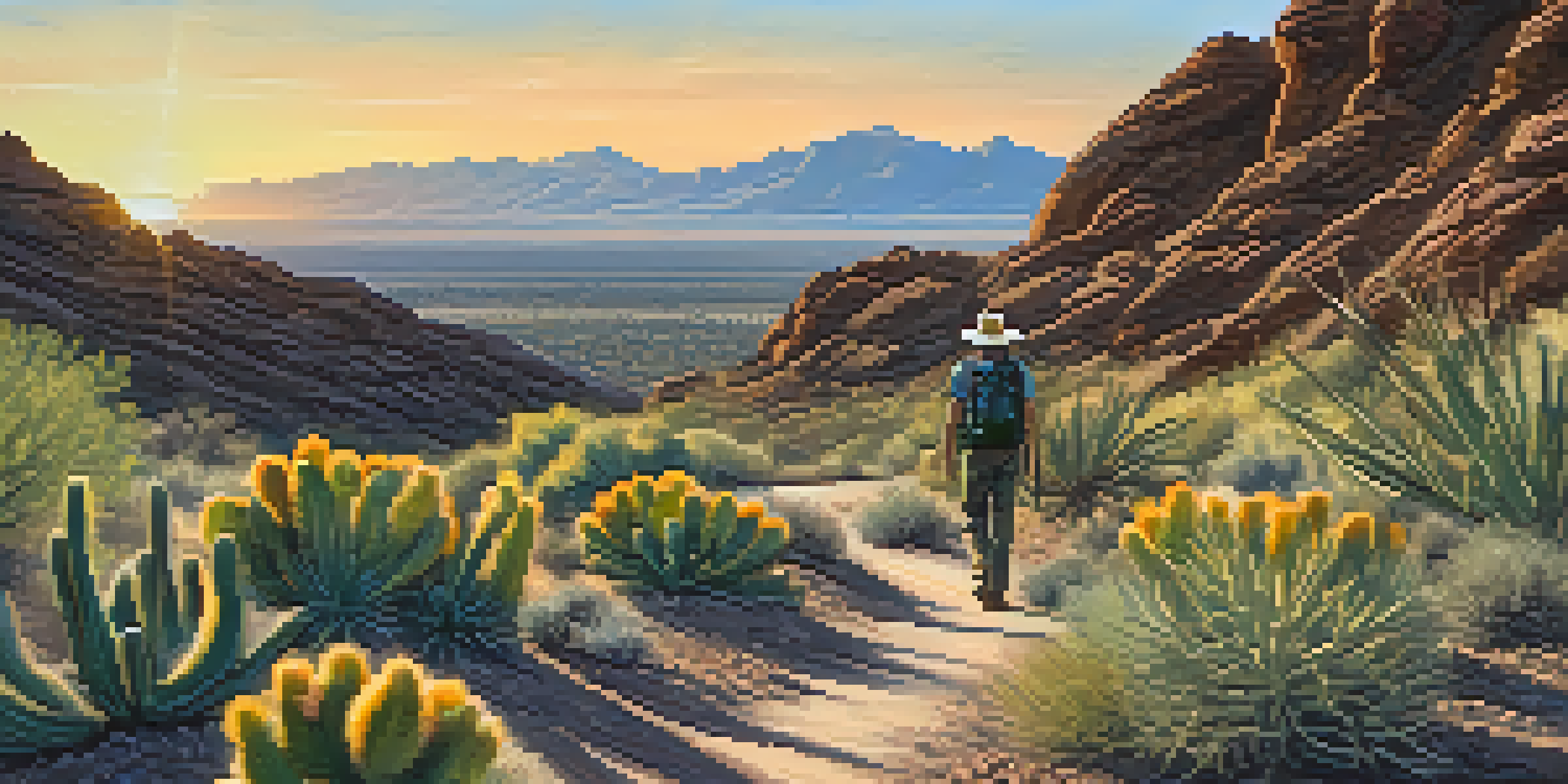 A picturesque hiking trail in Phoenix with cacti and wildflowers, featuring a sunset and a hiker in the distance.