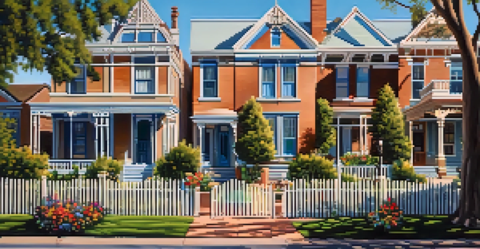 A scenic view of Heritage Square in Phoenix featuring restored Victorian homes and blooming flowers under a clear sky.