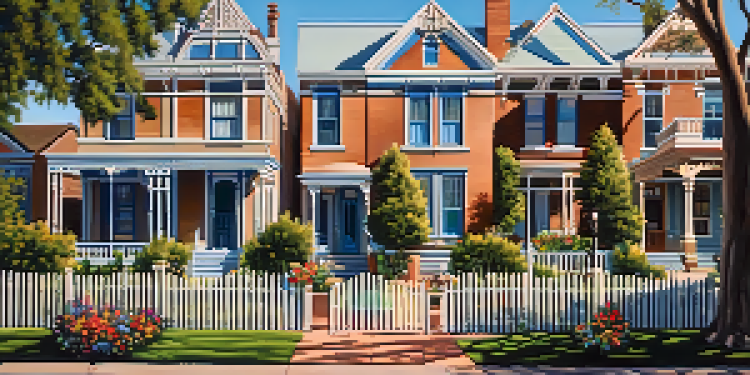 A scenic view of Heritage Square in Phoenix featuring restored Victorian homes and blooming flowers under a clear sky.
