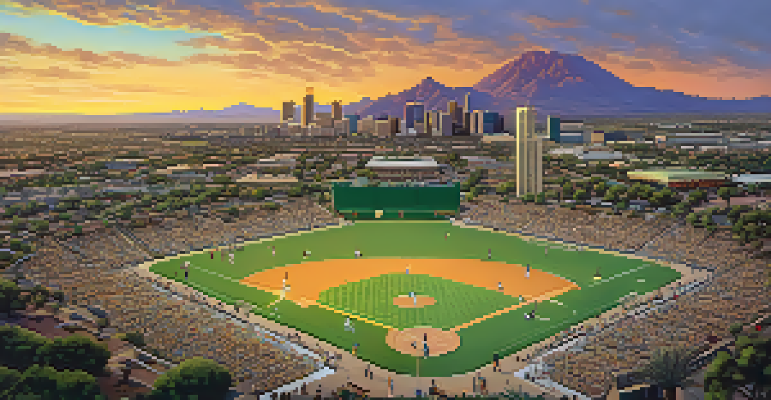 An aerial view of Phoenix, Arizona, showing its neighborhoods and parks with people enjoying outdoor activities during sunset.