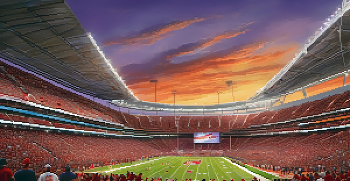 A lively crowd of Arizona Cardinals fans in red and white attire cheering in State Farm Stadium during sunset.