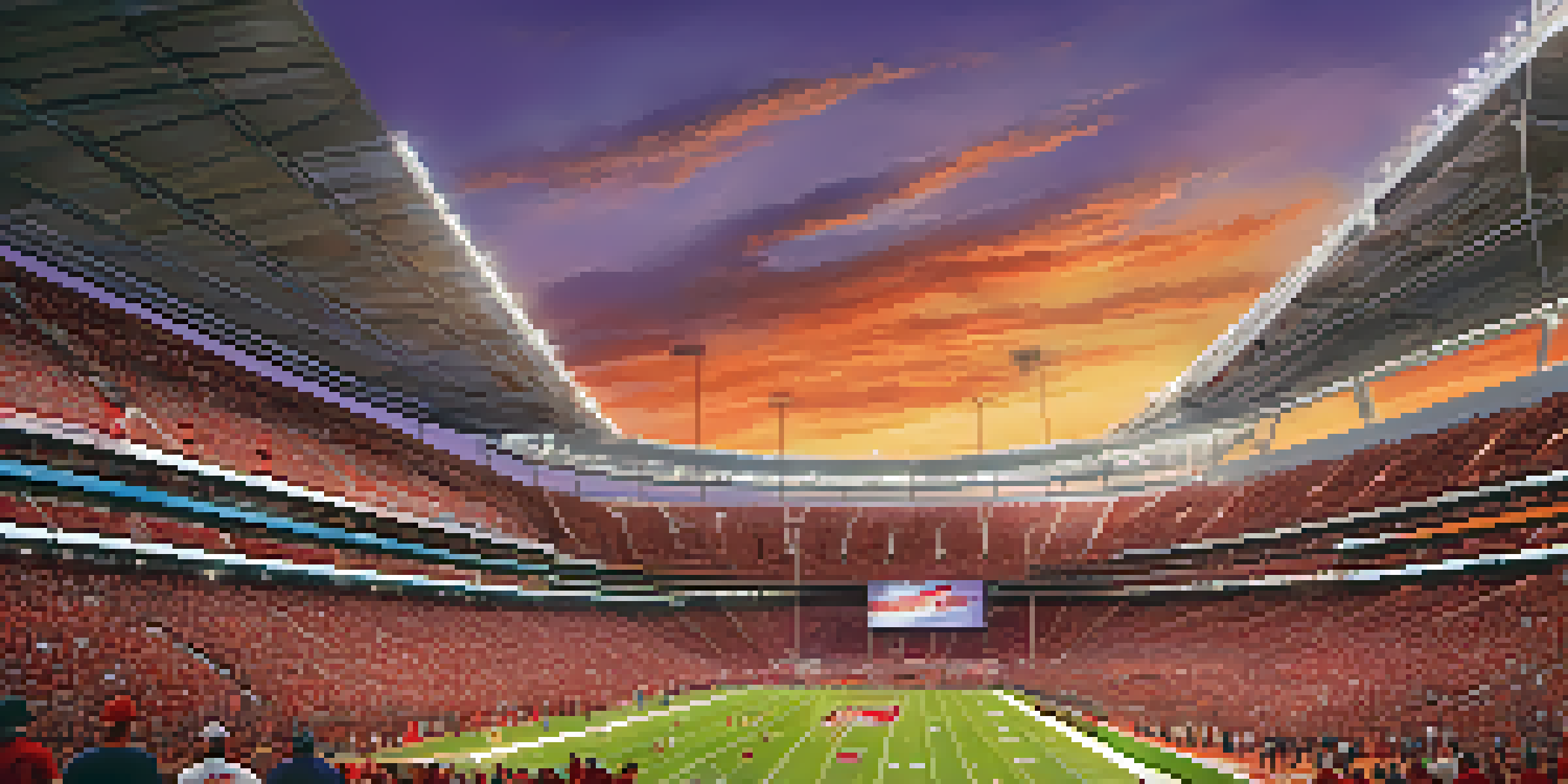 A lively crowd of Arizona Cardinals fans in red and white attire cheering in State Farm Stadium during sunset.