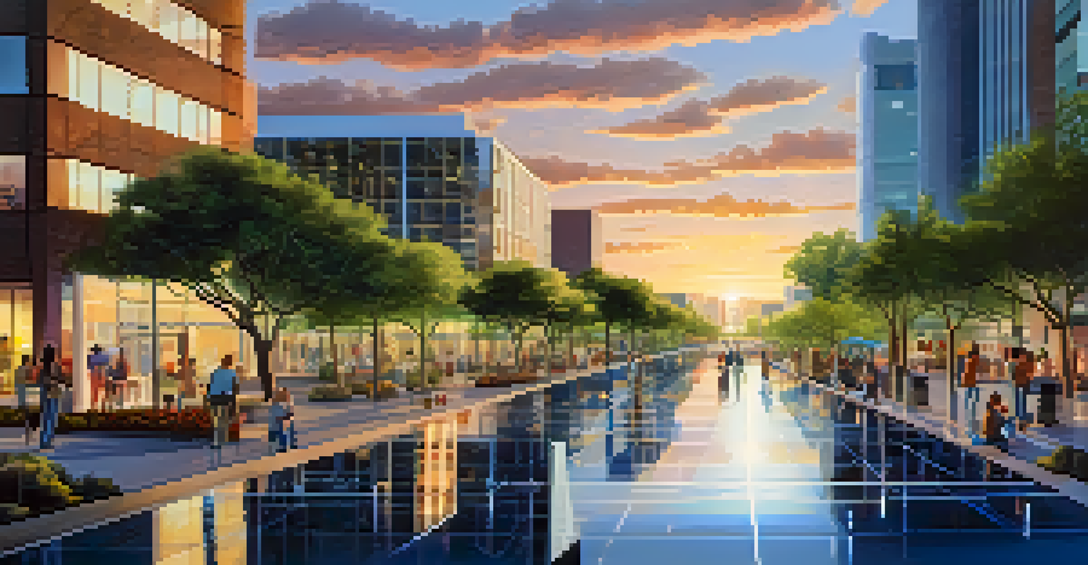 A modern cityscape in Phoenix with reflective pavements and water features, showcasing innovative cooling technologies.