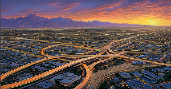 Aerial view of Phoenix's road network at sunset with a colorful sky and cars on the roads.