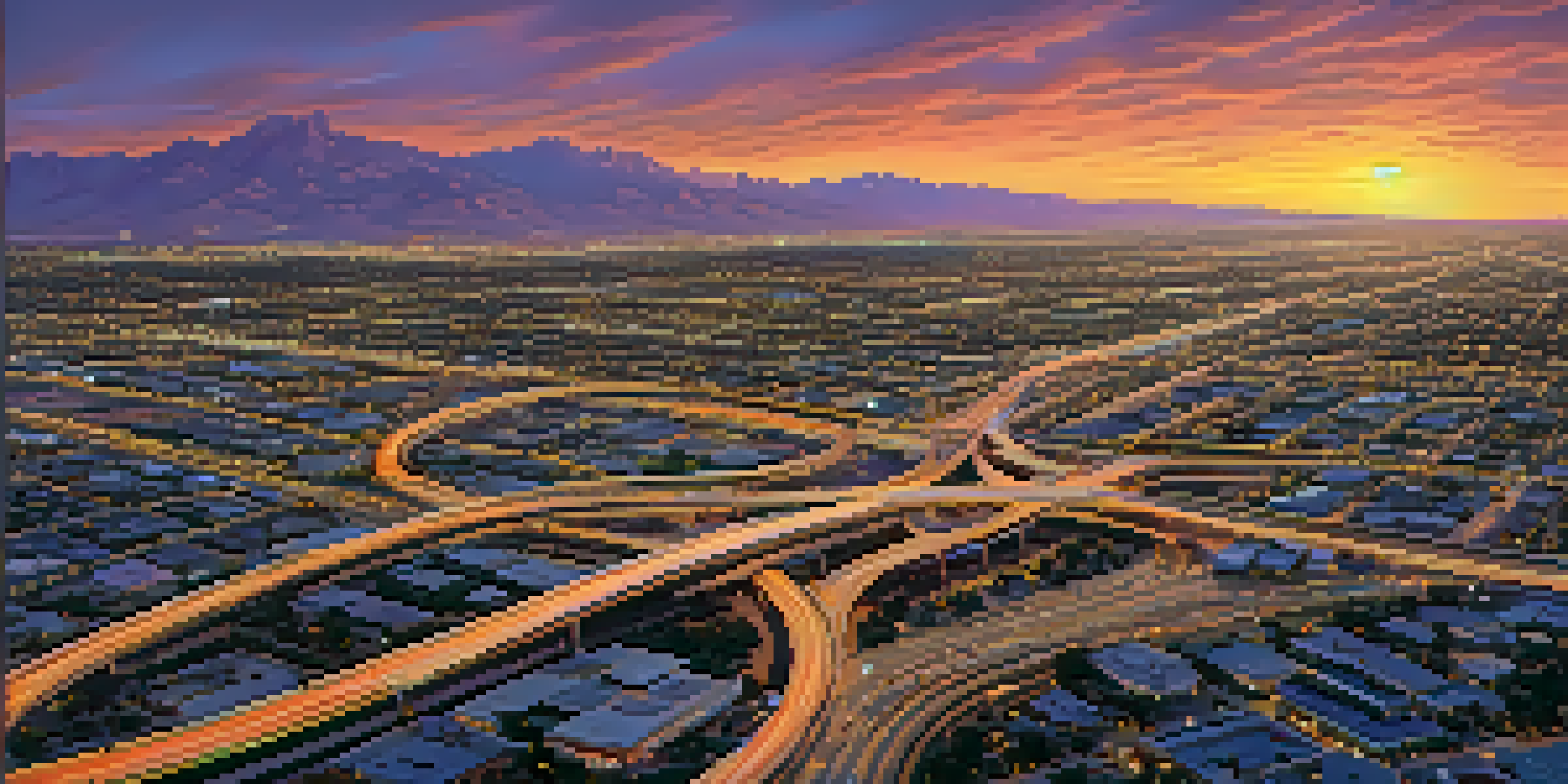 Aerial view of Phoenix's road network at sunset with a colorful sky and cars on the roads.