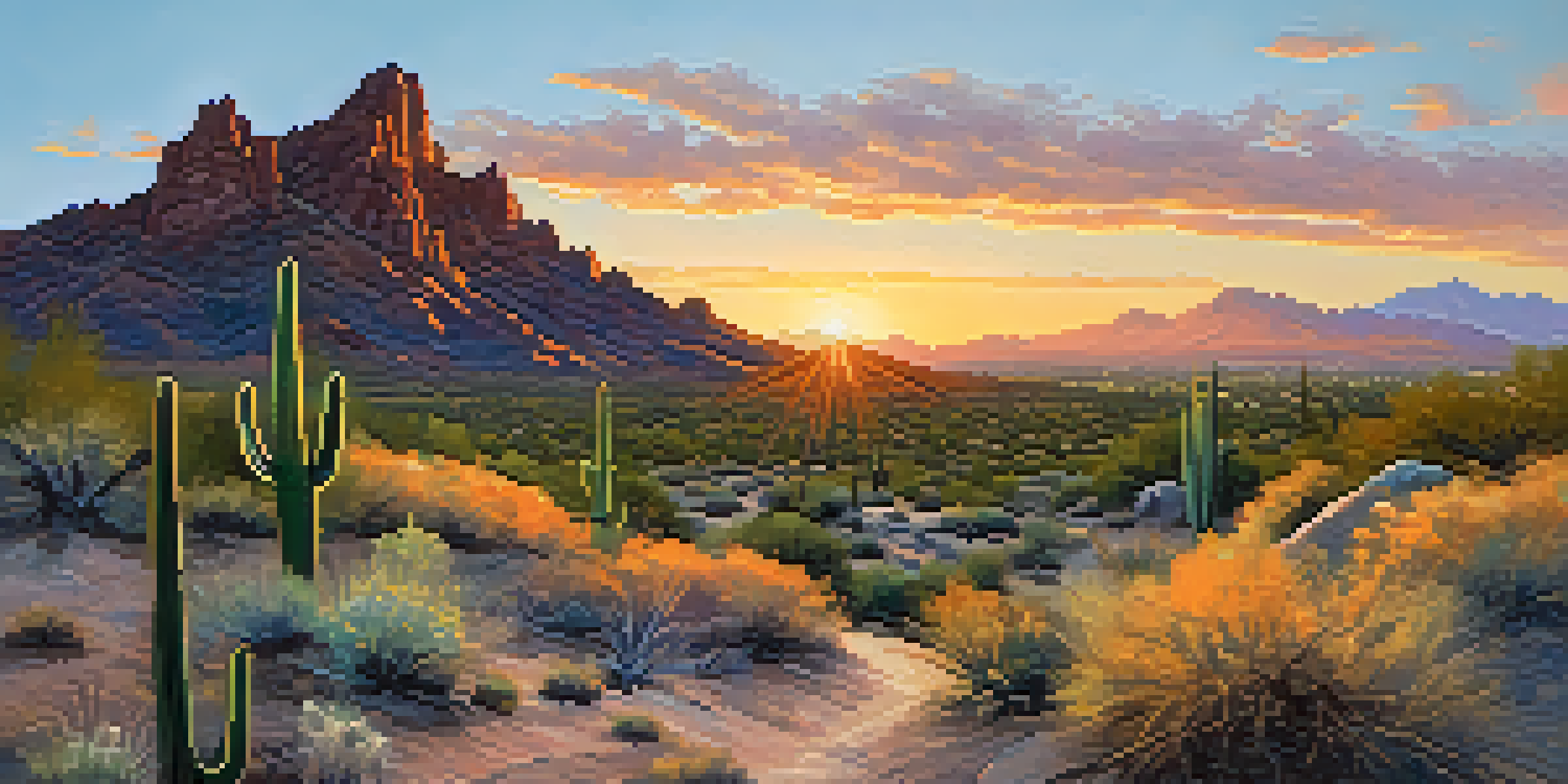 A picturesque sunrise view of Piestewa Peak surrounded by desert flora, with a winding trail leading up the mountain.