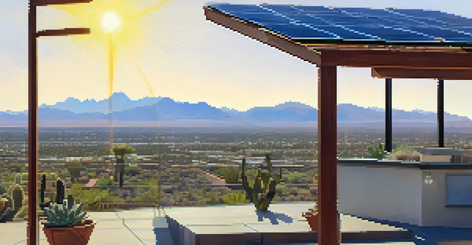 Close-up of solar panels on a rooftop with a desert landscape in the background, showcasing sustainability.