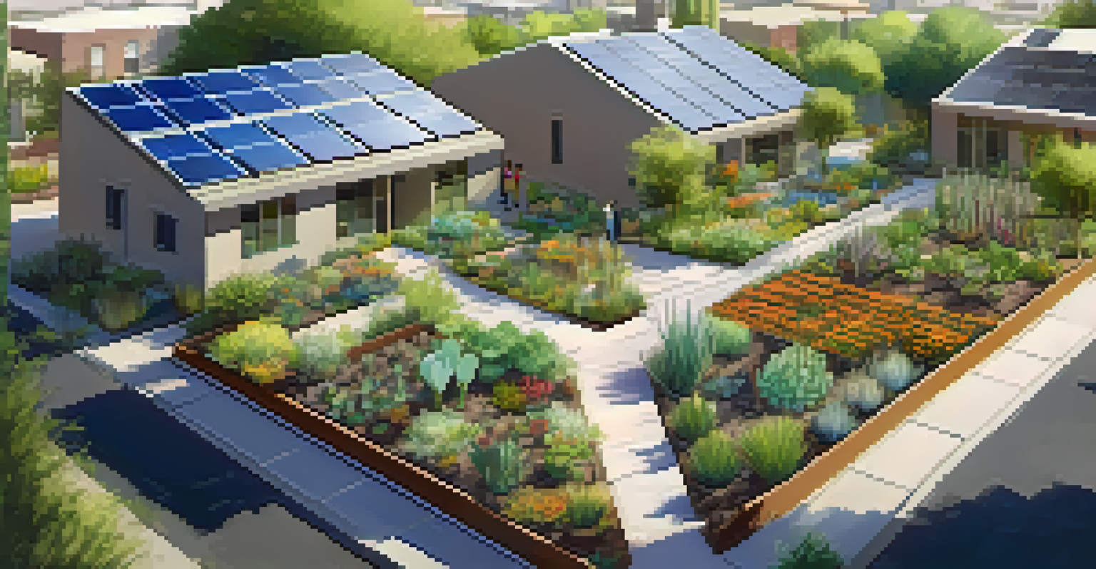 Aerial view of a sustainable community garden in Phoenix, surrounded by homes with solar panels and a rainwater collection system.