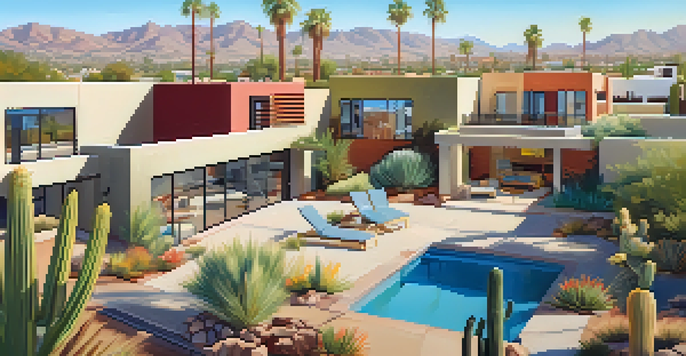 A sunny view of a modern neighborhood in Phoenix with contemporary homes and desert landscaping.