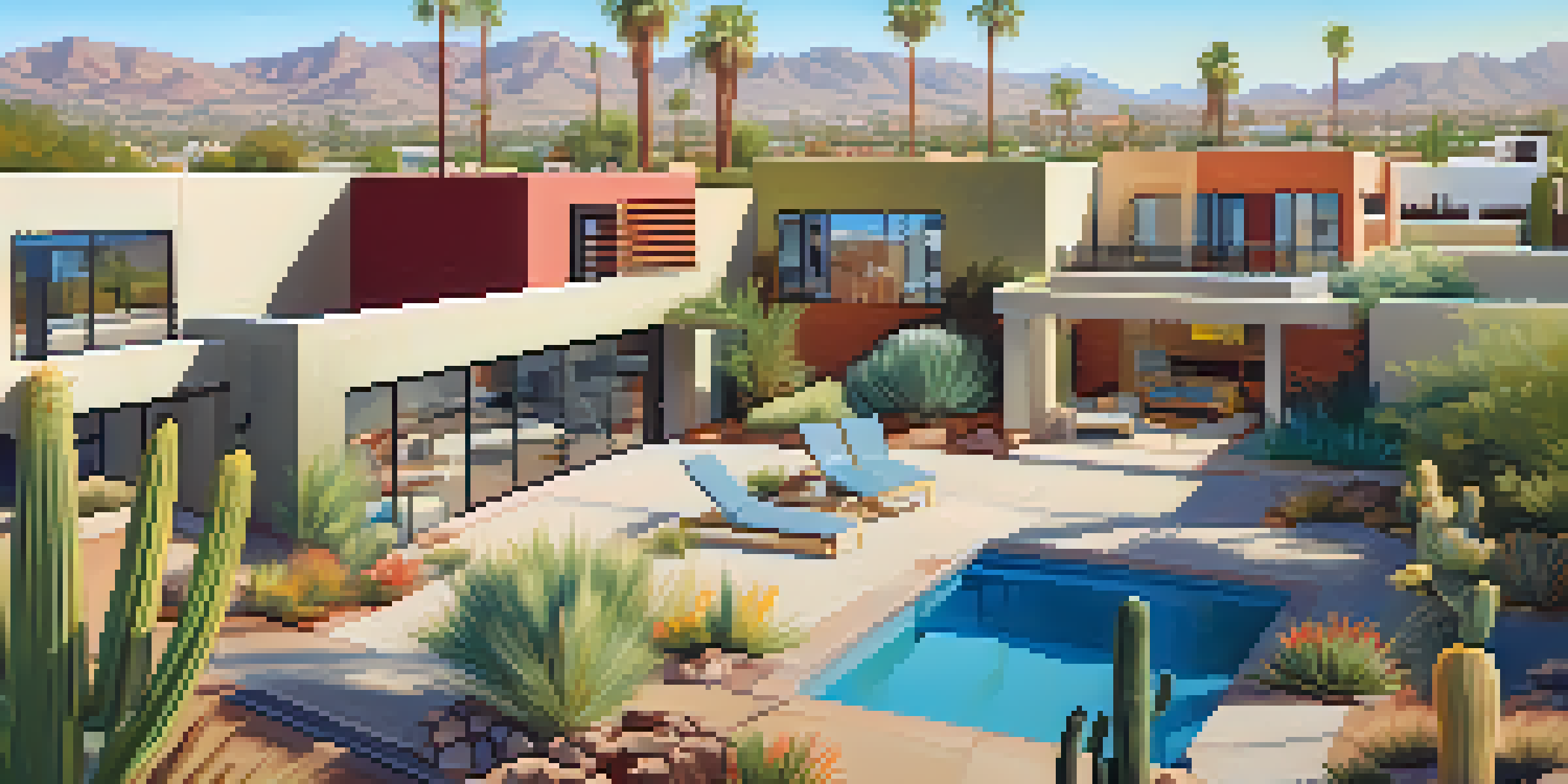 A sunny view of a modern neighborhood in Phoenix with contemporary homes and desert landscaping.