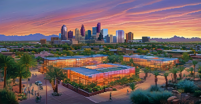 A sunset view of Phoenix's skyline featuring modern skyscrapers and adobe homes, with a park in the foreground.