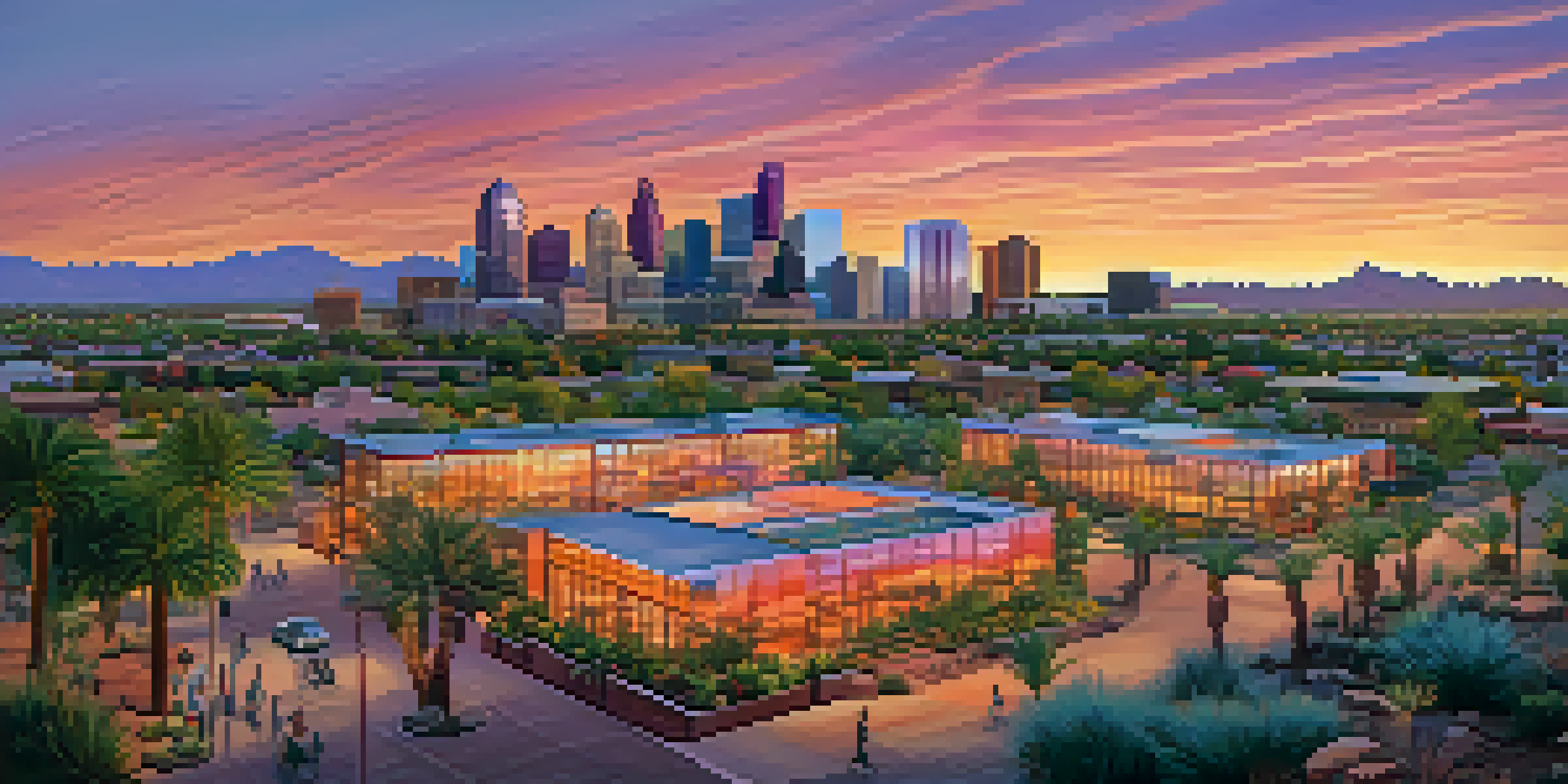 A sunset view of Phoenix's skyline featuring modern skyscrapers and adobe homes, with a park in the foreground.