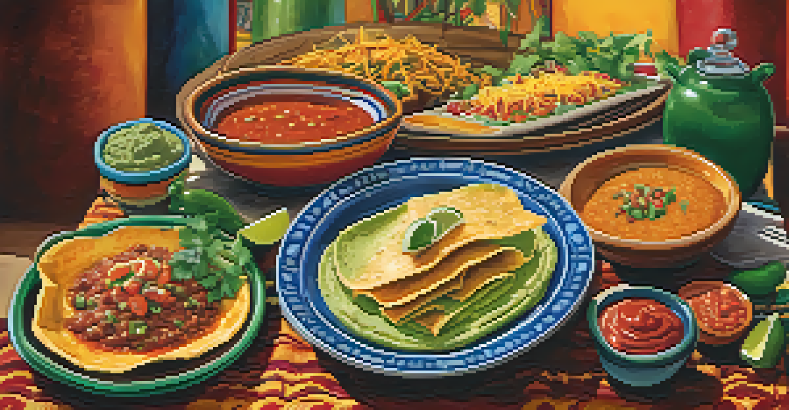 A colorful plate of Mexican cuisine with enchiladas, salsas, and guacamole on a rustic ceramic plate.