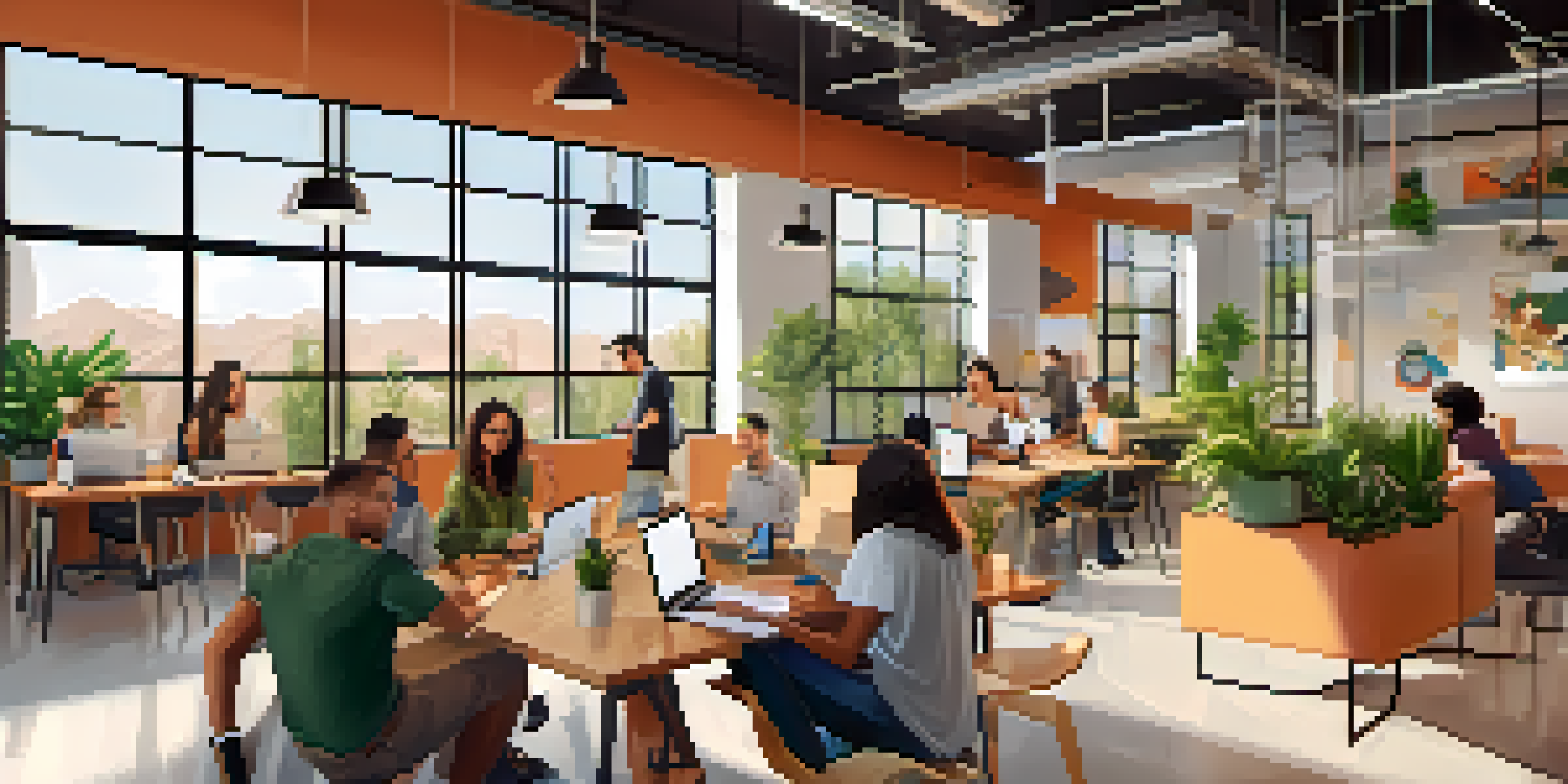 A bright and modern co-working space in Phoenix with diverse young entrepreneurs collaborating and working on laptops.