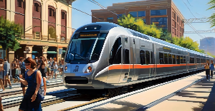 A modern light rail train in Phoenix with people at the station, surrounded by city buildings and palm trees.