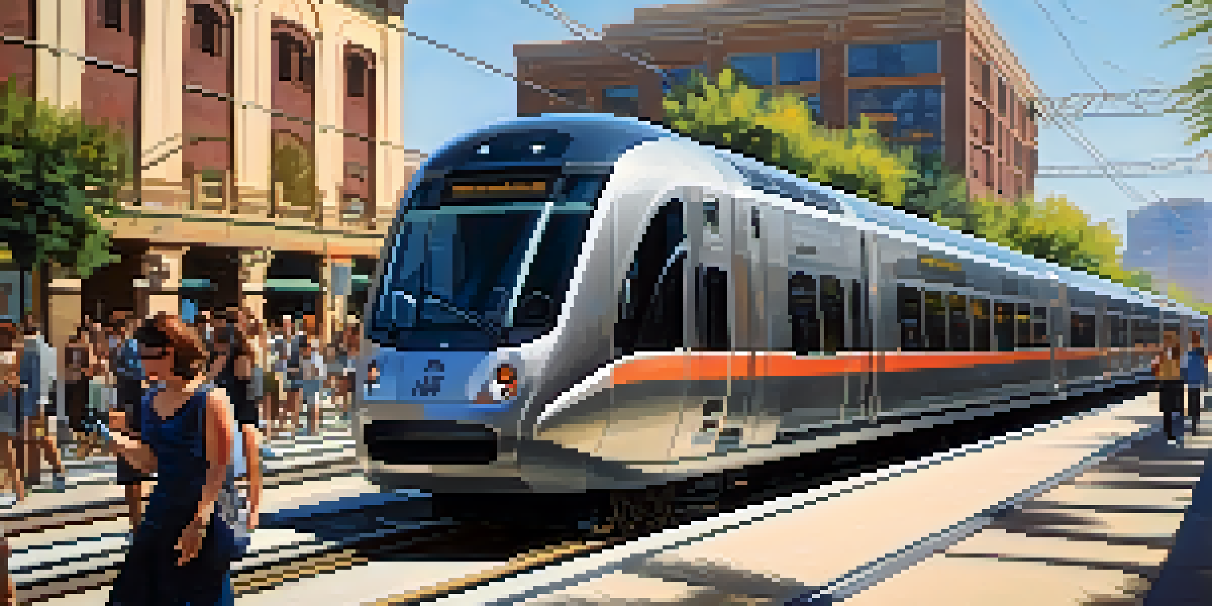 A modern light rail train in Phoenix with people at the station, surrounded by city buildings and palm trees.