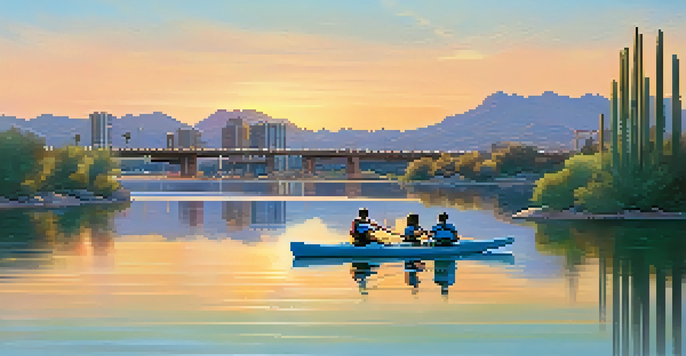 A couple kayaking at Tempe Town Lake during sunrise, with calm waters and a colorful sky.