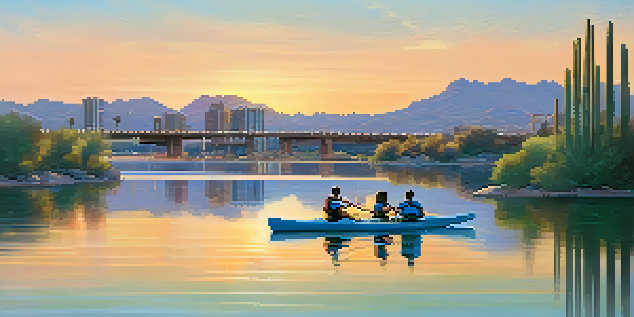 A couple kayaking at Tempe Town Lake during sunrise, with calm waters and a colorful sky.