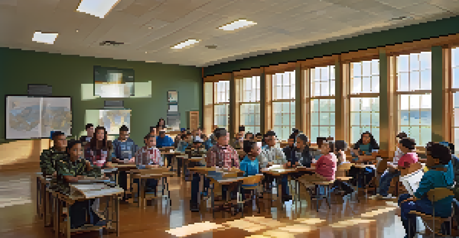 Military personnel interacting with Native American youth in an educational setting, featuring maps and cultural displays with a warm and collaborative atmosphere.