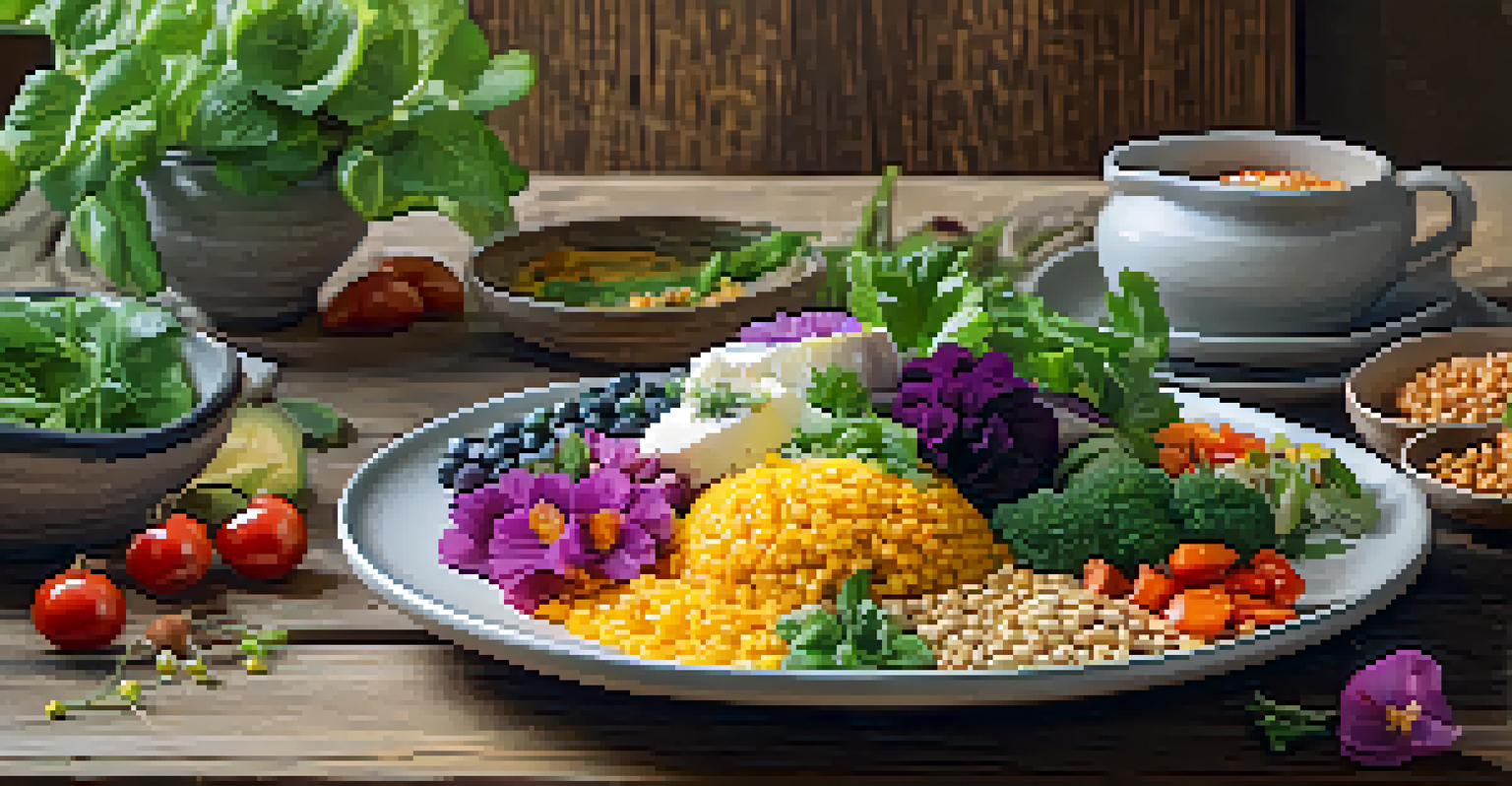 A colorful plate of organic plant-based meals arranged on a rustic wooden table with natural lighting.