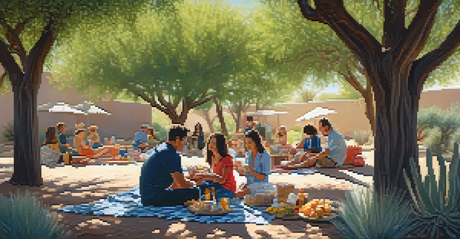 A family enjoying a picnic on a blanket under a tree, surrounded by desert plants in the Botanical Garden.