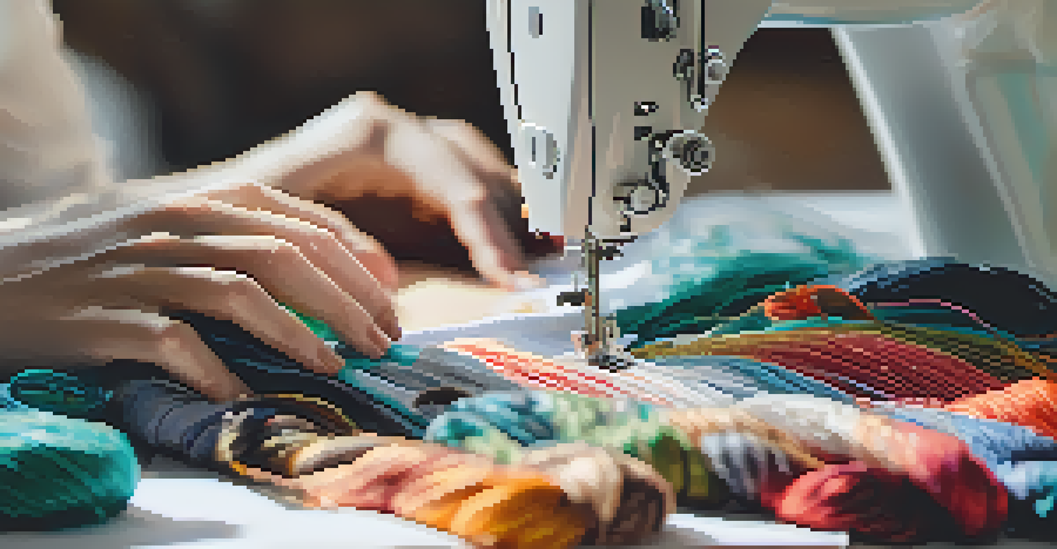A close-up of hands sewing a garment from recycled fabric in a well-lit workspace with colorful threads.