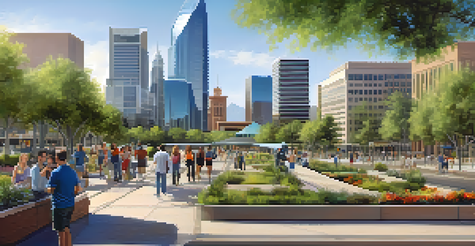 A view of downtown Phoenix with energy-efficient buildings and green spaces, showcasing smart city initiatives.