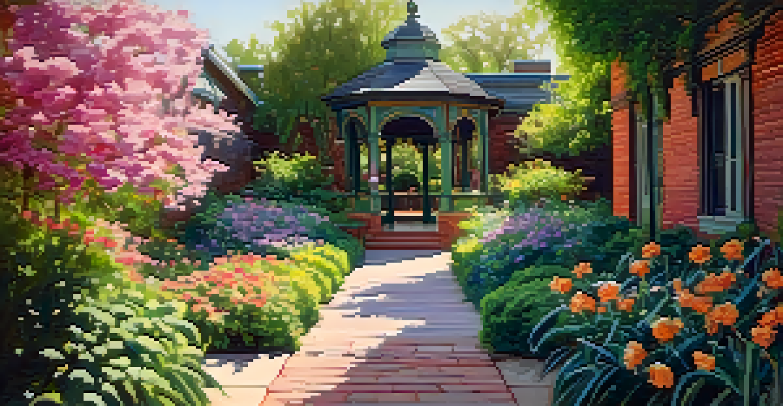 A tranquil garden path lined with colorful flowers and lush greenery, illuminated by soft sunlight.