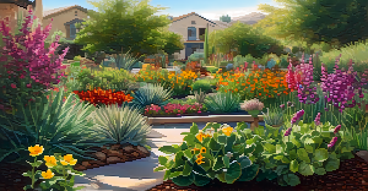 A close-up of a community garden in Phoenix with a butterfly on a flower and sparrows hopping around.