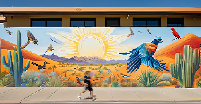 A bright mural illustrating birds and desert plants in a Phoenix neighborhood, with community members admiring the artwork under a clear sky.