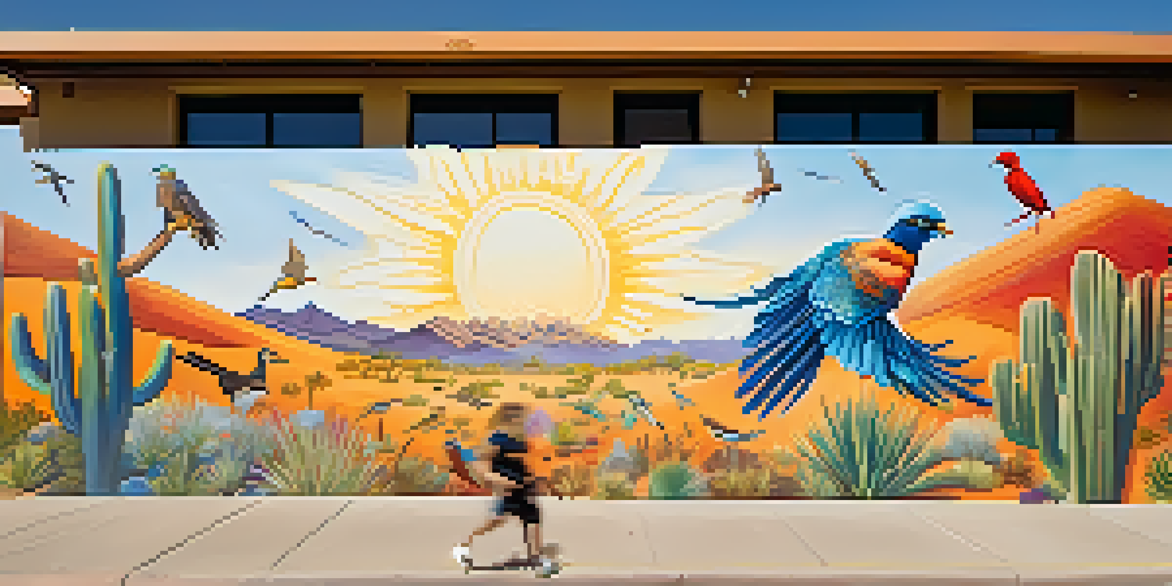 A bright mural illustrating birds and desert plants in a Phoenix neighborhood, with community members admiring the artwork under a clear sky.