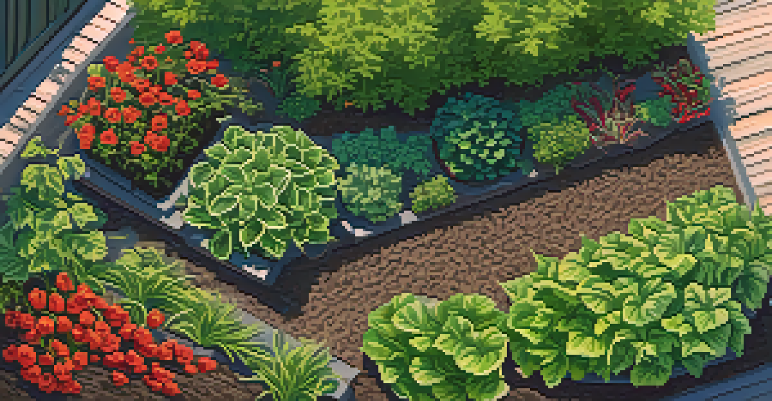 An overhead view of a garden bed with organic mulch and healthy vegetables, illuminated by warm afternoon light.