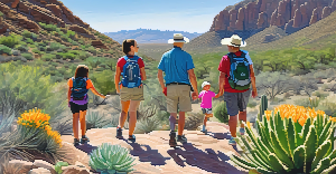 A family hiking on a sunny day in South Mountain Park with blooming wildflowers and cacti in the background.