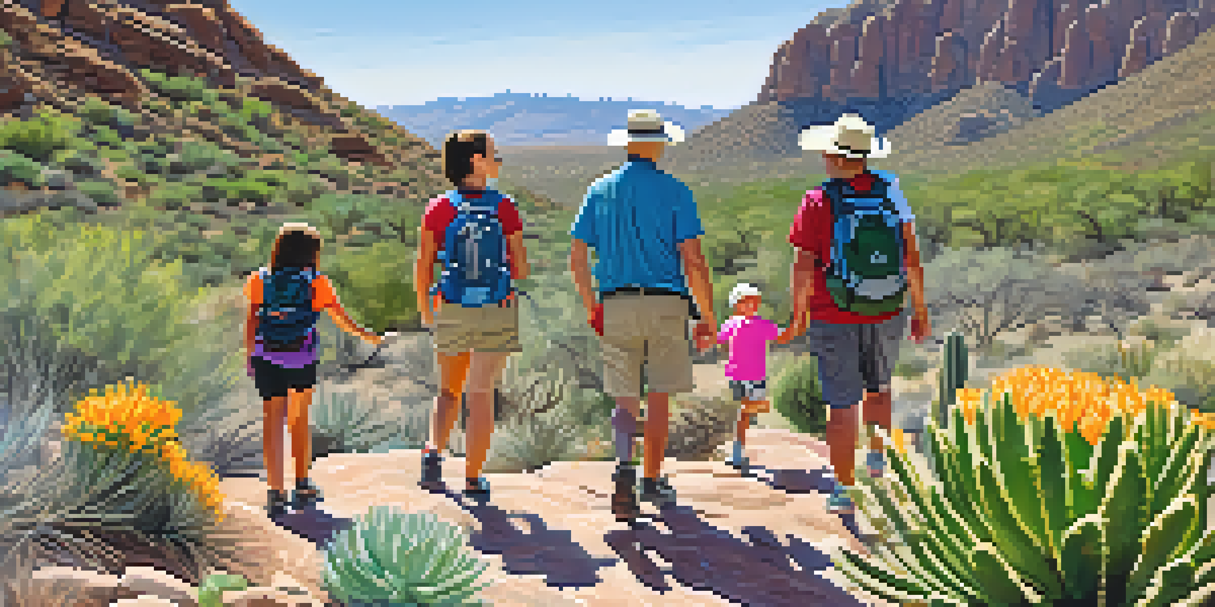A family hiking on a sunny day in South Mountain Park with blooming wildflowers and cacti in the background.
