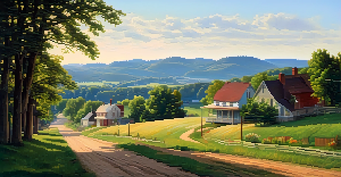 A peaceful view of a small town in Pennsylvania during the late 1800s, with houses, a dirt road, and mountains in the background, bathed in warm sunlight.
