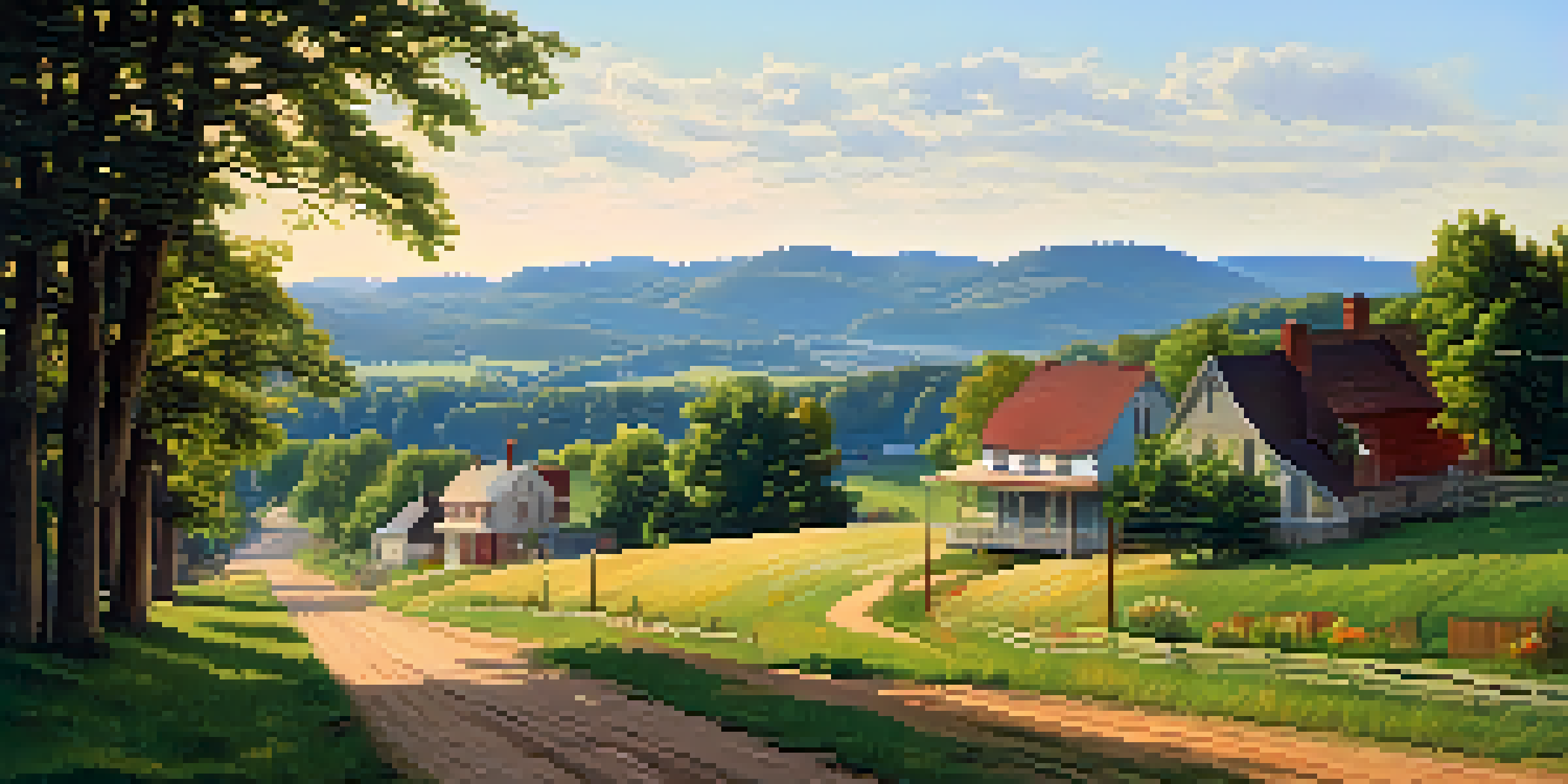 A peaceful view of a small town in Pennsylvania during the late 1800s, with houses, a dirt road, and mountains in the background, bathed in warm sunlight.