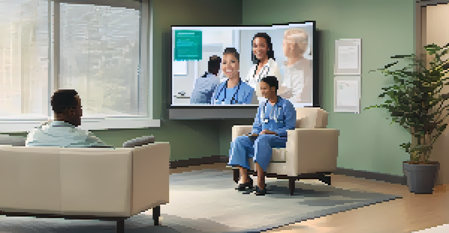 A telehealth consultation room with a patient sitting in front of a screen showing a healthcare professional, featuring modern furnishings and lighting.