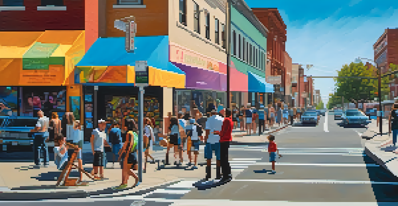 A lively street in the Roosevelt Row Arts District in Phoenix, featuring galleries and street art, with artists working and pedestrians engaging with the art.