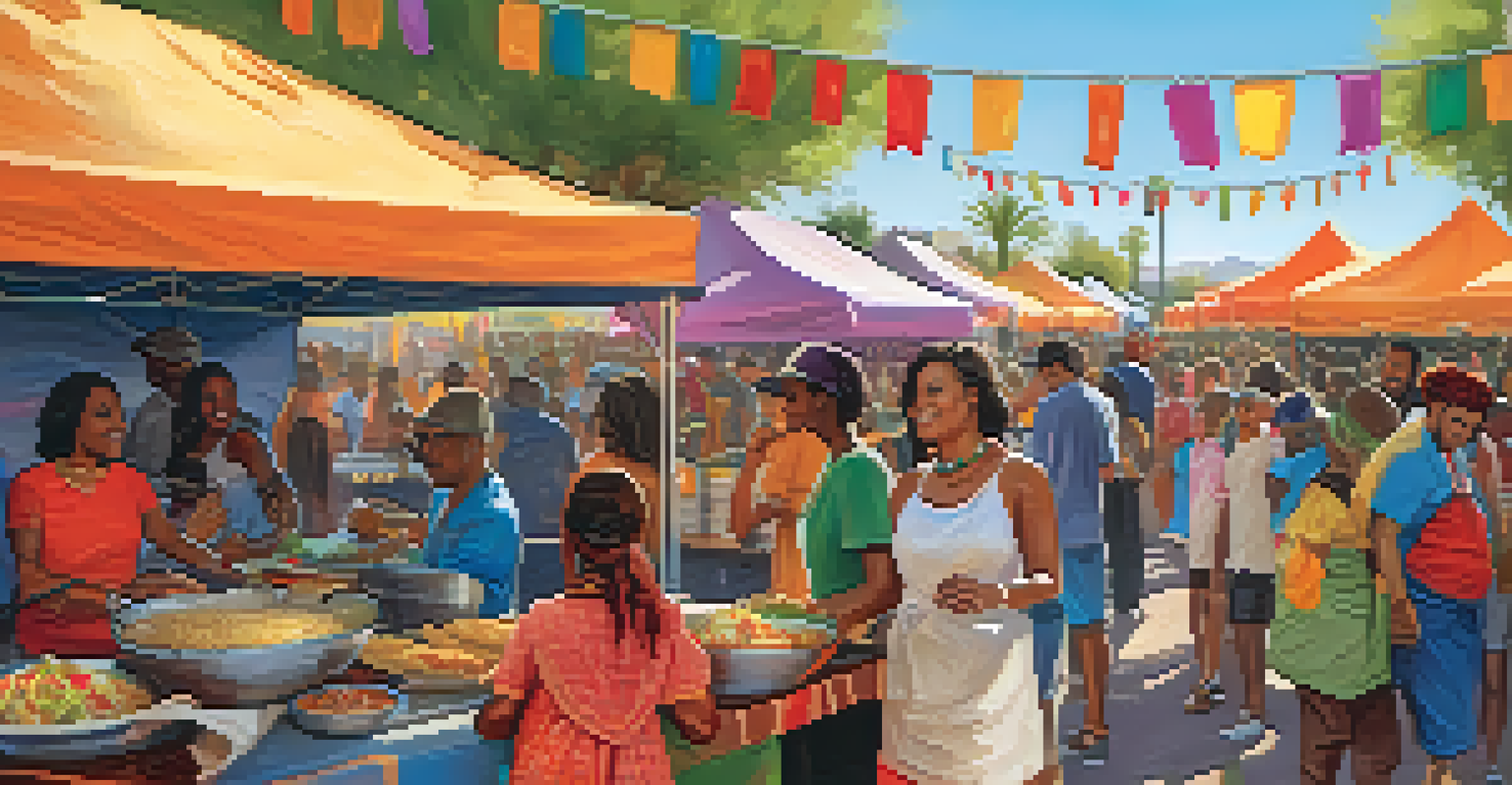 A bustling food festival in Phoenix with various food trucks and people enjoying diverse dishes.