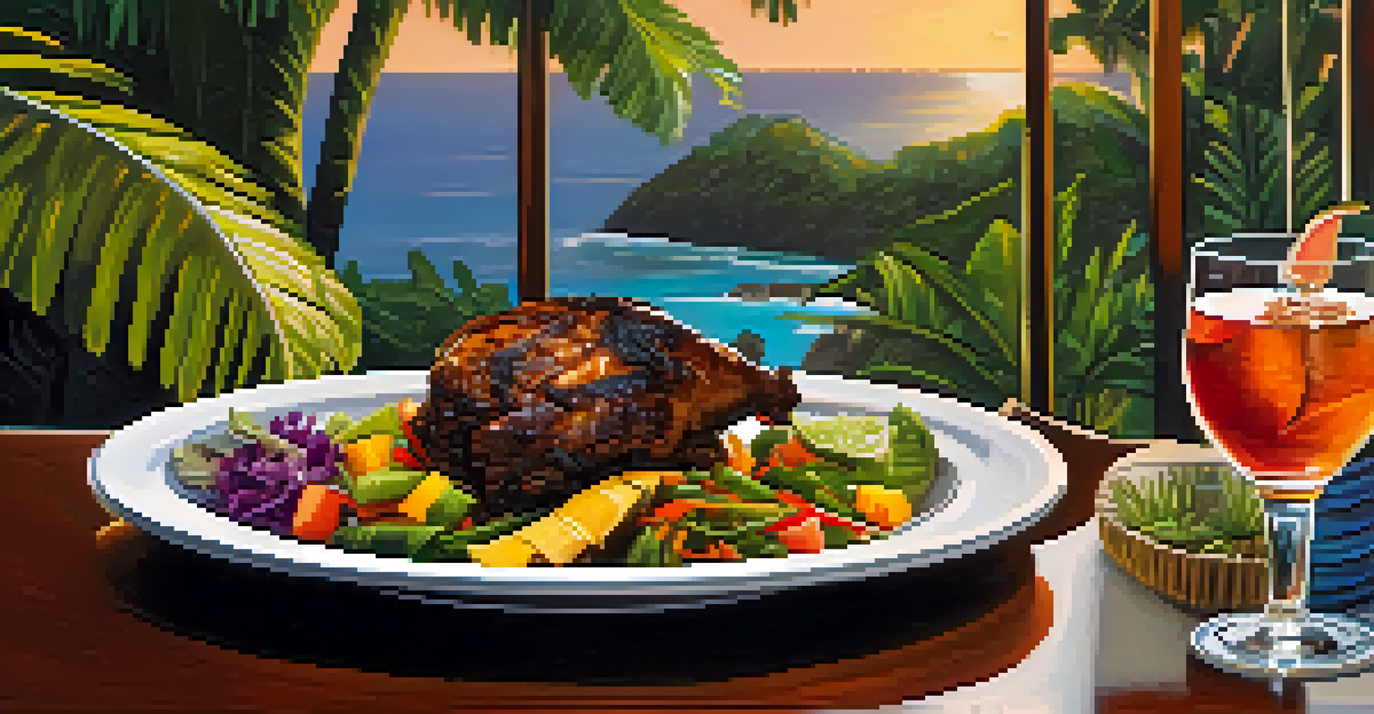 A plate of jerk chicken surrounded by tropical decor and a rum cocktail in a warm-lit restaurant.