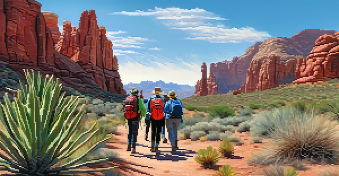A group of diverse hikers walking along a sunny trail in the Arizona desert, with red rock formations and a blue sky in the background.